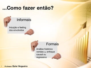 ... Como fazer então?   Professor  Euler Nogueira Informais Intuição e feeling dos envolvidos Análise histórico vendas  ou  enfoque causal ou regressivo Formais 