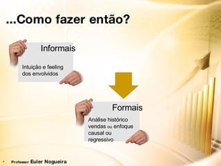 ... Como fazer então?   Professor  Euler Nogueira Informais Intuição e feeling dos envolvidos Análise histórico vendas  ou  enfoque causal ou regressivo Formais 