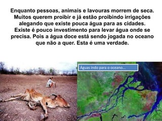 Enquanto pessoas, animais e lavouras morrem de seca.
 Muitos querem proibir e já estão proibindo irrigações
   alegando que existe pouca água para as cidades.
 Existe é pouco investimento para levar água onde se
precisa. Pois a água doce está sendo jogada no oceano
          que não a quer. Esta é uma verdade.



                          Águas indo para o oceano...
 