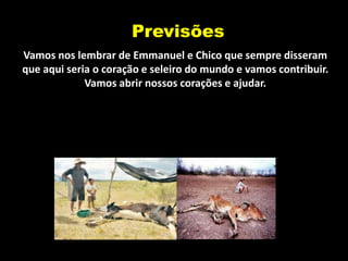 Previsões
Vamos nos lembrar de Emmanuel e Chico que sempre disseram
que aqui seria o coração e seleiro do mundo e vamos contribuir.
             Vamos abrir nossos corações e ajudar.
 