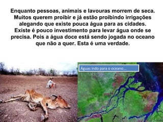 Enquanto pessoas, animais e lavouras morrem de seca.
Muitos querem proibir e já estão proibindo irrigações
alegando que existe pouca água para as cidades.
Existe é pouco investimento para levar água onde se
precisa. Pois a água doce está sendo jogada no oceano
que não a quer. Esta é uma verdade.
Águas indo para o oceano...Águas indo para o oceano...
 