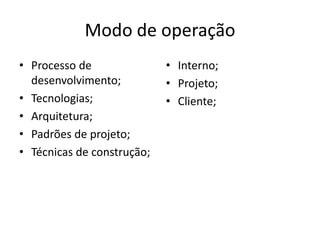 Modo de operaçãoProcesso de desenvolvimento;Tecnologias;Arquitetura;Padrões de projeto;Técnicas de construção;Interno;Projeto;Cliente;