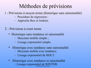 Méthodes de prévisions 
1 - Prévisions à moyen terme (historique sans saisonnalité) 
– Procédure de régression ; 
– Approche Box et Jenkins. 
2 - Prévisions à court terme 
• Historique sans tendance ni saisonnalité 
– Moyenne mobile simple ; 
– Lissage exponentiel simple. 
• Historique avec tendance sans saisonnalité 
– Moyenne mobile avec tendance; 
– Lissage exponentiel de HOLT. 
• Historique avec tendance et saisonnalité 
– Lissage exponentiel de WINTER. Calculs des prévisions 
 