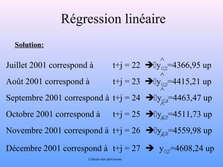 Régression linéaire 
Solution: 
^ 
^ 
^ 
^ 
^ 
^ 
Juillet 2001 correspond à t+j = 22 y13,22=4366,95 up 
Août 2001 correspond à t+j = 23 y13,23=4415,21 up 
Septembre 2001 correspond à t+j = 24 y13,24=4463,47 up 
Octobre 2001 correspond à t+j = 25 y13,25=4511,73 up 
Novembre 2001 correspond à t+j = 26 y13,26=4559,98 up 
Décembre 2001 correspond à t+j = 27  y13,27=4608,24 up 
Calculs des prévisions 
 