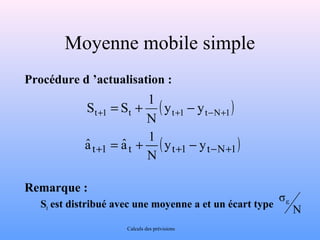 Moyenne mobile simple 
Procédure d ’actualisation : 
S S 1 + = + + - - + 
aˆ aˆ 1 + = + + - - + 
Remarque : 
t 1 t ( yt 1 yt N 1 ) 
N 
St est distribué avec une moyenne a et un écart type 
Calculs des prévisions 
N 
σε 
t 1 t (yt 1 yt N 1) 
N 
 