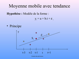 Moyenne mobile avec tendance 
Hypothèse : Modèle de la forme : 
yt = a + b.t + e t 
• Principe 
t-3 t-2 t-1 t t+1 
y 
d 
St 
Calculs des prévisions 
 