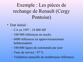Exemple : Les pièces de 
rechange de Renault (Cergy 
Pontoise) 
• Etat initial : 
– CA en 1997 : 18 000 MF 
– 100 000 références en stocks 
– 6000 références en approvisionnement 
hebdomadaire 
– 100 000 lignes de commande par jour 
– Taux de service : 97 % 
– Validation manuelle de nombreuses références 
 