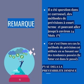 REMARQUE
● Il a été question dans
ce carrousel, des
méthodes de
prévisions à court
terme et pouvant aller
jusqu'à environ 24
Mois (*)
● Car c’est Dans ces cas la
méthode de prévision est
utilisée en se basant sur
des tendances passées (le
futur est dans le passé).
(*) AU DELA LA
PREVESIBILITE DIMINUE
 