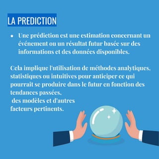 LA PREDICTION
● Une prédiction est une estimation concernant un
événement ou un résultat futur basée sur des
informations et des données disponibles.
Cela implique l'utilisation de méthodes analytiques,
statistiques ou intuitives pour anticiper ce qui
pourrait se produire dans le futur en fonction des
tendances passées,
des modèles et d'autres
facteurs pertinents.
 