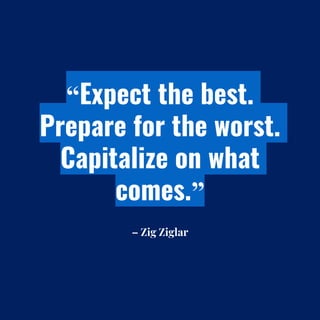 “Expect the best.
Prepare for the worst.
Capitalize on what
comes.”
– Zig Ziglar
 