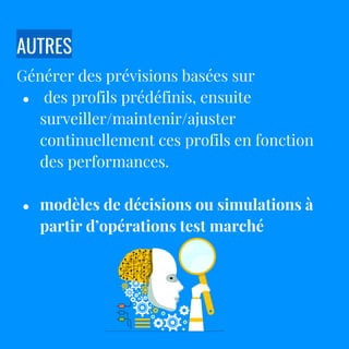 AUTRES
Générer des prévisions basées sur
● des profils prédéfinis, ensuite
surveiller/maintenir/ajuster
continuellement ces profils en fonction
des performances.
● modèles de décisions ou simulations à
partir d’opérations test marché
 