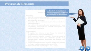 Previsão de Demanda
Modelo Multiplicativo
Vantagens
 Fácil de compreender e aplicar;
 Ao decompor as séries em fatores podem-se analisar
as causas das variações;
 Os índices de sazonalidade são intuitivamente fácies
de compreender;
 As séries dessazonalizadas proporcionam uma
importante ferramenta de controle antecipado das
variações de tendência.
Desvantagens
 É rígido. Isto devido a que forma do método é
decidida antes de analisar os dados;
 Pode modelar grandes variações aleatórias como se
fosse sazonais. Um erro aleatório grande num
período pode originar distorções dos índices e da
tendência;
 As previsões de períodos futuros podem ter grandes
erros por mudanças de tendência ou ciclo;
 Este método não é prático para curto prazo.
Agora irei fazer o relatório que o
Senhor Pedro me solicitou.
O método de Previsão que
adotamos na empresa é o Modelo
de Decomposição Multiplicativo.
 