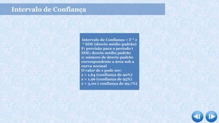 Intervalo de Confiança
Intervalo de Confiança = F * z
* SDE (desvio médio padrão)
F: previsão para o período t
SDE: desvio médio padrão
z: número de desvio padrão
correspondente a área sob a
curva normal
O valor de z pode ser:
z = 1,64 (confiança de 90%)
z = 1,96 (confiança de 95%)
z = 3,00 ( confiança de 99,7%)
 