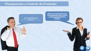 Planejamento e Controle da Produção
O crescimento da empresa nesses
12 anos deve-se, principalmente,
ao trabalho do planejamento de
PCP.
Mas você sabe o que é PCP?
E o que faz o PCP?
Bom, essa é uma missão para o
Pedro, nosso gerente de
produção.Bom dia!
A senhora falou o meu nome?
Será um prazer ajudar.
Vamos lá.
Falei sim, você pode fazer uma
breve explicação sobre a função
do departamento de PCP na
empresa?
 