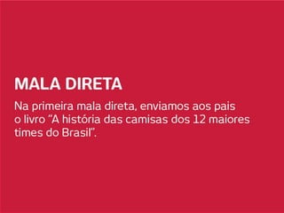 MALA DIRETA

        Na primeira mala direta enviamos
        aos pais o livro “A história das
        camisas dos 12 maiores times do
        Brasil”.
 