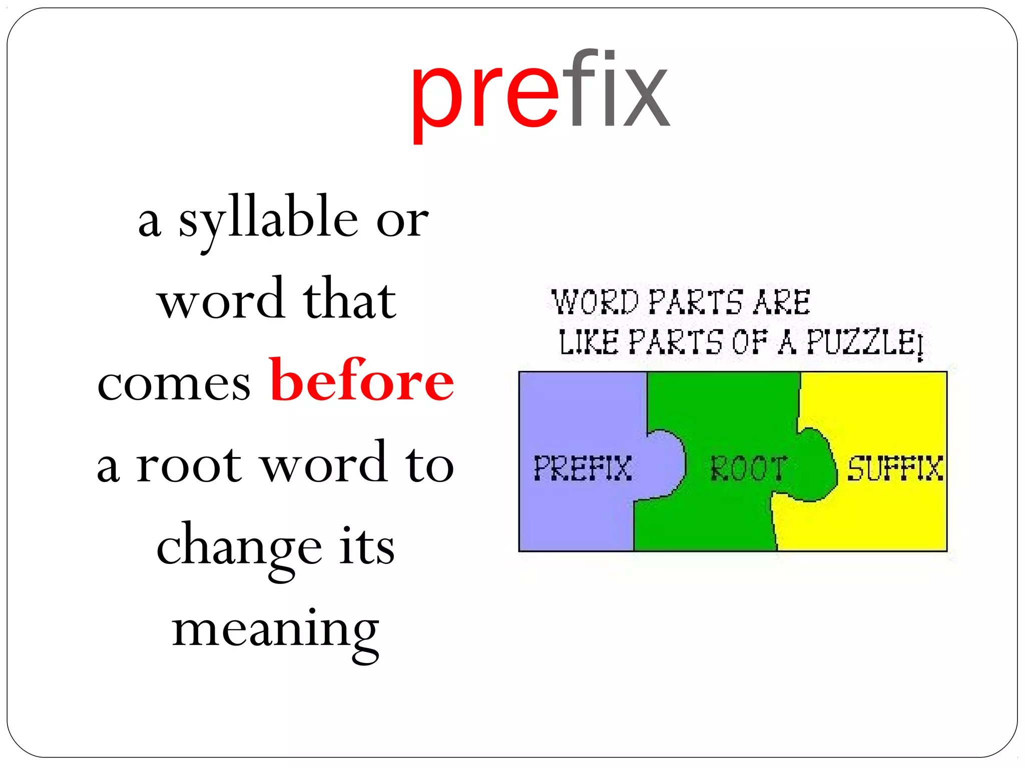 prefix
a syllable or
word that
comes before
a root word to
change its
meaning
 