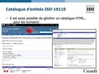Catalogue d’entités ISO-19110
§  Il est aussi possible de générer un catalogue HTML…
… pour les humains!

 