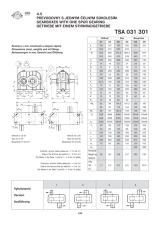 4.5
PREVODOVKY S JEDNÝM ÈELNÝM SÚKOLESÍM
GEARBOXES WITH ONE SPUR GEARING
GETRIEBE MIT EINEM STIRNRADGETRIEBE
TSA 031 301
Rozmery v mm, hmotnosti a olejové náplne
Dimensions (mm), weights and oil fillings
Abmessungen in mm, Gewicht und Ölfüllung
150
Ve¾kos 01 až 04
Size 01 to 04
Baugrösse 01 bis 04
Ve¾kos 05 a 06
Size 05 and 06
Baugrösse 05 und 06
Hodnoty v prvom riadku platia pre i = 2,5 až 4,5
Data in the first line are valid for i = 2,5 to 4,5
Die Werte in der Zeile 1 sind für i = 2,5 bis 4,5 gültig
Hodnoty v druhom riadku platia pre i = 5 až 5,6
Data in the second line are valid for i = 5 to 5,6
Die Werte in der Zeile 2 sind für i = 5 bis 5,6 gültig
Ve¾kos Size Baugrösse
01 02 03 04 05 06
a 100 125 160 200 250 315
A 353 410 500 616 - -
*B 333 385 475,5 565,5 608 810
323 383 475 539 583 777
C 270 305 380 485 585 720
D 14 18 23 27 28 35
D1 6 6 8 10 12 16
E 160 200 240 280 350 440
E1 50 55 65 80 110 140
F 330 390 485 610 730 910
F1 92,5 105 125 155 190 230
F2 70 70 95 150 140 140
H 125 140 180 240 280 355
G 15 20 25 40 40 55
K 15 12 20 25 40 45
K1 10 18 20 20 - -
*M1 82 99 114,5 147,5 155 197
82 97 115 144 155 199
M2 86 101 120,5 148 158 198
*d1 28j6 38k6 50k6 60m6 85m6 100m6
24j6 32k6 42k6 50k6 70m6 90m6
d2 50k6 65m6 85m6 100m6 100m6 130m6
*I1 60 80 110 105 130 165
50 80 110 82 105 130
I2 105 105 130 165 165 250
j 120 160 190 200 300 360
m 295 350 425 530 610 760
m1 75 85 95 115 130 155
m2 - - - - 305 380
Hmotnos
Weight kg 38 63 106 217 365 733
Gewicht
Olej
Oil l 1,7 3,5 6,0 8,5 14,0 20,0
Öl
Vyhotovenie
Version
Ausführung
1 2 3 4
 