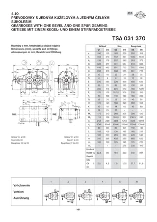 161
Ve¾kos Size Baugrösse
01 02 03 04 05 06
a 100 125 160 200 250 315
A 463 570 702 847 1043 1338
A1 138 175 202 260 293 373
B1 328 377 461 554 613 803
B2 446 482 591 732 791 1066
C 280 310 390 505 591 725
D 13 18 23 24 28 35
D1 6 6 8 10 12 16
E 220 265 320 400 480 620
E1 55 70 80 120 130 185
F 350 415 505 670 780 1000
F1 120 125 152,5 205 235 310
F2 70 105 110 130 160 200
G 15 20 25 35 40 50
H 125 140 180 240 280 355
K 10 10 14 40 40 60
K1 18 25 27 - - -
M1 175 210 260 305 390 510
M2 113 136 165,5 201 230,5 283
d1 24j6 28j6 38k6 42k6 50k6 65m6
d2 50k6 65m6 85m6 100m6 100m6 130m6
I1 50 60 80 82 110 140
I2 105 105 130 165 165 250
j 180 220 265 350 420 540
m 310 365 450 550 660 820
m1 100 100 125 145 175 220
m2 - - - 275 330 410
Hmotnos
Weight kg 52,5 98 164 323 510 994
Gewicht
Olej
Oil l 2,5 4,3 7,0 12,5 27,7 61,9
Öl
Vyhotovenie
Version
Ausführung
1 2 3 4 5 6
4.10
PREVODOVKY S JEDNÝM KUŽE¼OVÝM A JEDNÝM ÈELNÝM
SÚKOLESÍM
GEARBOXES WITH ONE BEVEL AND ONE SPUR GEARING
GETIEBE MIT EINEM KEGEL- UND EINEM STIRNRADGETRIEBE
TSA 031 370
Rozmery v mm, hmotnosti a olejové náplne
Dimensions (mm), weights and oil fillings
Abmessungen in mm, Gewicht und Ölfüllung
Ve¾kos 04 až 06
Size 04 to 06
Baugrösse 04 bis 06
Ve¾kos 01 až 03
Size 01 to 03
Baugrösse 01 bis 03
 
