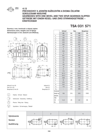 4.13
PREVODOVKY S JEDNÝM KUŽE¼OVÝM A DVOMA ÈELNÝMI
SÚKOLESIAMI NÁSUVNÉ
GEARBOXES WITH ONE BEVEL AND TWO SPUR GEARINGS SLIPPED
GETRIEBE MIT EINEM KEGEL- UND ZWEI STIRNRADGETRIEBE –
EINSTECKBAR
TSA 031 571
Rozmery v mm, hmotnosti a olejové náplne
Dimensions (mm), weights and oil fillings
Abmessungen in mm, Gewicht und Ölfüllung
168
Ve¾kos Size Baugrösse
03 04 05 06
a 100 125 160 200
a1 160 200 250 315
A 690 860 1050 1277
A1 205 265 300 375
C 382 505 600 735
D 23 24 28 35
D1 8 12 12 16
E 305 400 480 600
E1 75 120 120 155
F 607 750 900 1110
F1 145 160 190 220
F2 120 130 150 200
G 25 35 45 55
H 180 240 280 355
K 16 40 40 50
K1 27 - - -
M 175 210 260 305
M1 167,5 198 228,5 282
M2 165,5 201 230,5 286
d1 24j6 28j6 38k6 42k6
I1 50 60 80 82
j 250 350 420 520
m 555 630 780 960
m1 119 100 130 145
m2 - 315 390 480
Hmotnos
Weight kg 158 310 500 1000
Gewicht
Olej
Oil l 14,3 28 44 86
Öl
Ve¾kos 04 až 06
Size 04 to 06
Baugrösse 04 bis 06
Ve¾kos 03
Size 03
Baugrösse 03
Vyhotovenie
Version
Ausführung
1 2 3 4
Hladina Oil level Ölstand
Vyfukovanie Deaerating Entlüftung
Plnenie Filling hole Füllung
Vypúšanie Oil discharging Ölablaß
 