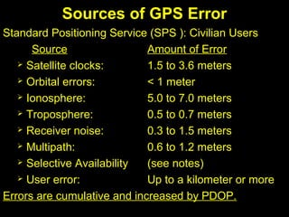 Sources of GPS Error
Standard Positioning Service (SPS ): Civilian Users
Source Amount of Error
 Satellite clocks: 1.5 to 3.6 meters
 Orbital errors: < 1 meter
 Ionosphere: 5.0 to 7.0 meters
 Troposphere: 0.5 to 0.7 meters
 Receiver noise: 0.3 to 1.5 meters
 Multipath: 0.6 to 1.2 meters
 Selective Availability (see notes)
 User error: Up to a kilometer or more
Errors are cumulative and increased by PDOP.
 