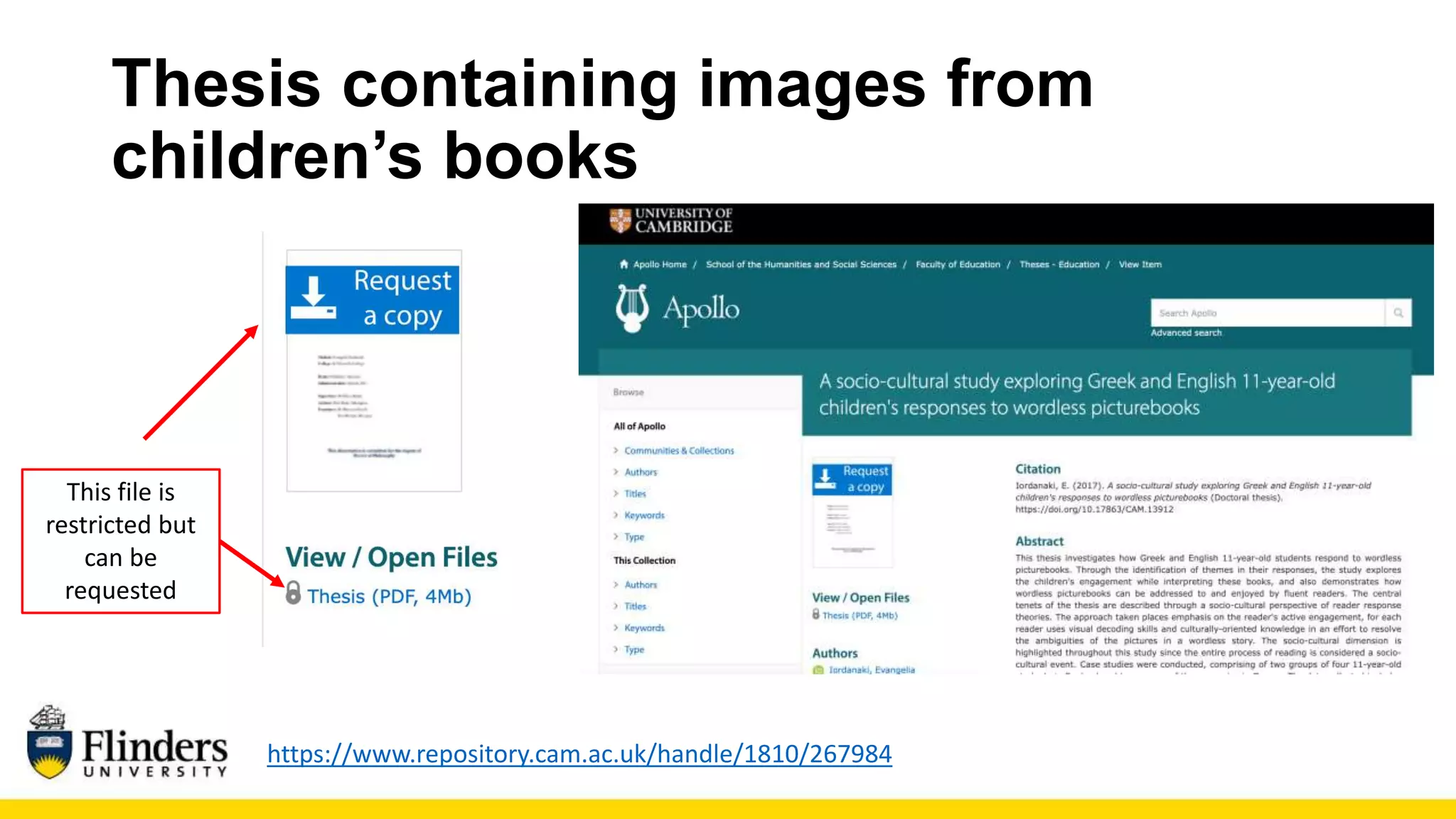 Thesis containing images from
children’s books
https://www.repository.cam.ac.uk/handle/1810/267984
This file is
restricted but
can be
requested
 