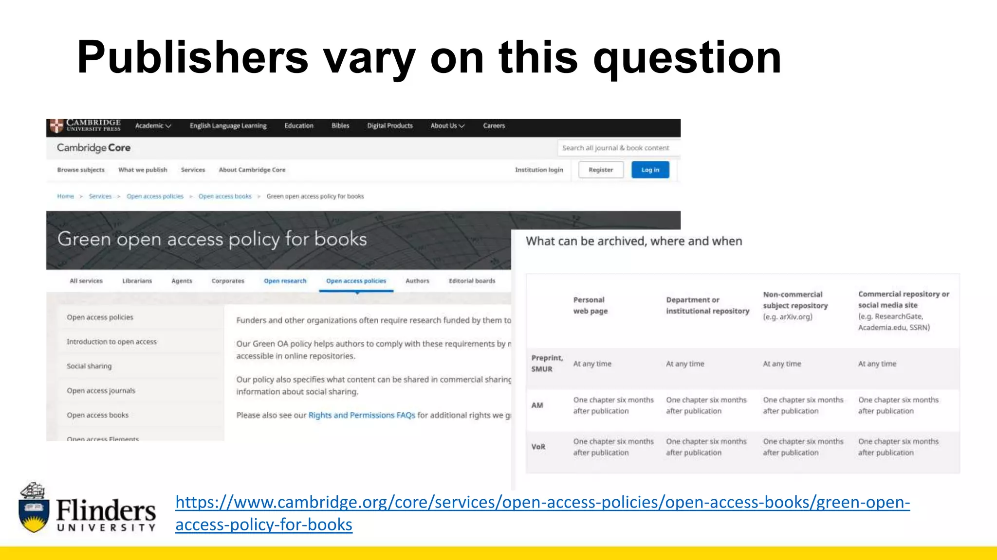 Publishers vary on this question
https://www.cambridge.org/core/services/open-access-policies/open-access-books/green-open-
access-policy-for-books
 