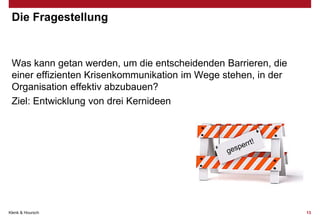 Die Fragestellung

Was kann getan werden, um die entscheidenden Barrieren, die
einer effizienten Krisenkommunikation im Wege stehen, in der
Organisation effektiv abzubauen?
Ziel: Entwicklung von drei Kernideen

Klenk & Hoursch

13

 