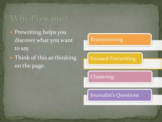  Prewriting helps you
discover what you want Brainstorming
to say.
Think of this as thinking Focused Freewriting
on the page.
Clustering
Journalist’s Questions