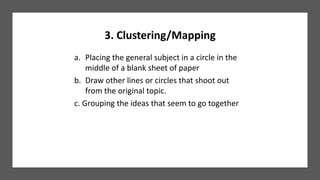 3. Clustering/Mapping
a. Placing the general subject in a circle in the
middle of a blank sheet of paper
b. Draw other lines or circles that shoot out
from the original topic.
c. Grouping the ideas that seem to go together
 
