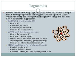 Tagmemics
 Another version of cubing, tagmemics also forces you to look at a topic
  from different perspectives: defining your topic as a particle (a self-
  contained object), as a wave (how it changes over time), and as a field
  (how it fits into the big picture).
     PARTICLE (a self-contained X)
         What is X?
         How would you define X?
         How would you describe X?
         What are X's characteristics?
     WAVE (an X that changes over time)
         What is the history of X?
         What was X like in the past?
         In what ways is X different now from the past?
         Are changes in X happening quickly or slowly?
         What are the effects of X's changes on X?
     FIELD (An X that is Part of a Larger Context)
         How is X similar to Y?
         How is X different than Y?
         How does X fit into/be a part of/be important to Y?
 