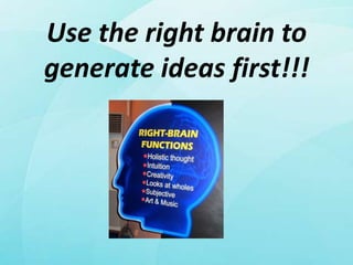 Use the right brain to
generate ideas first!!!
 