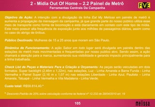 Objetivo da Ação: A intenção com a divulgação da linha Eat My Melissa em painéis de metrô é
aumenta a propagação da mensagem da campanha, já que grande parte do nosso público utiliza esse
meio de transporte como forma de locomoção e está diariamente em contato com este tipo de mídia.
Este meio possuir alta frequência de exposição junto aos milhões de passageiros diários, assim como
no caso do abrigo de ônibus.
Público Destinado: Mulheres de 15 a 25 anos que moram em São Paulo.
Dinâmica de Funcionamento: A ação Sabor em todo lugar será divulgada em painéis dentro das
estações do metrô mais movimentadas e frequentadas por nosso publico alvo. Sendo assim, a ação
chamará a atenção para a marca, aumentando sua visibilidade e gerando impacto principalmente para
a linha trabalhada.
Check List de Peças e Materiais Para a Criação e Orçamento: As peças serão veiculadas em dois
formatos: Super backlight (2,46m x 1,22m), nas estações, Luz - Linha Amarela e Barra Funda - Linha
Vermelha e Painel Super (2,16 m x 1,07 m) nas estações Liberdade - Linha Azul, Paulista – Linha
Amarela, Tatuapé - Linha Vermelha e Vila Madalena - Linha Verde.
Custo total: R$58.814,40.*
* Desconto-Padrão de 20% sobre veiculação conforme lei federal nº 12.232 de 29/04/2010 art. 19
Ferramentas Centrais Da Campanha
2 - Mídia Out Of Home – 2.2 Painel de Metrô
105
 