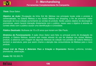 Título: Doce Sabor.
Objetivo da Ação: Divulgação da linha Eat My Melissa nos principais locais onde o produto é
comercializado, na Galeria Melissa e nos clubes Melissa em shopping, a fim de promover maior
exposição da nova coleção aumentando as vendas do produto. Serão usados objetos de decoração e
promotoras, assim haverá interação diretamente com o público, nesse caso o objetivo é através do
contato direto com o público causar uma identificação e curiosidade.
Público Destinado: Mulheres de 15 a 25 anos que moram em São Paulo.
Dinâmica de Funcionamento: A ação Doce Sabor será feita no principal ponto de divulgação do
produto, a Galeria Melissa, durante seis meses através do uso de displays nos clubes Melissa,
produto, e adesivos com imagem de algumas Melissas da coleção nas paredes da Galeria Melissa e
também a assinatura, para que assim chame a atenção das consumidoras da Melissa para o novo
produto.
Check List de Peças e Materiais Para a Criação e Orçamento: Banner, uniforme, brindes,
promotoras, adesivação.
Custo: R$ 102.263,75
Ferramentas Complementares Da Campanha
3 - Merchandising
106
 