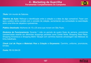 4 - Marketing de Guerrilha
Título: Um mundo de Sabores.
Objetivo da Ação: Reforçar a identificação entre a coleção e a ideia de algo comestível. Fazer com
que o público tenha contato com o conceito da coleção, aumentando sua curiosidade na assimilação
entre uma linha de calçados e guloseimas.
Público Destinado: Mulheres de 15 a 25 anos que moram em São Paulo.
Dinâmica de Funcionamento: Durante 1 mês no período de quatro finais de semana, promotoras
caracterizadas estarão em diferentes shoppings paulistas como Center Norte, Shopping West Plaza,
Shopping Aricanduva e Shopping Metrô Tatuapé com carrinhos fazendo amostragem das Melissas da
linha trabalhada.
Check List de Peças e Materiais Para a Criação e Orçamento: Carrinho, uniforme, promotoras,
brindes.
Custo: R$ 32.084,00
Ferramentas Complementares Da Campanha
107
 