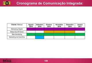 Cliente: Melissa Agosto
2016
Setembro
2016
Outubro
2016
Novembro
2016
Dezembro
2016
Janeiro
2017
Marketing Digital
Mídia Out Of Home
Merchandising
Marketing de Guerrilha
Cronograma de Comunicação Integrada:
108
 