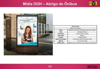 Mídia OOH – Abrigo de Ônibus
127
Título Adcione uma dose colorida de estilo em sua vida.
Peça Abrigo de Ônibus
Dimensões Super (1,30m x 1,90m)
Anunciante Melissa
Produto Eat My Melissa
Data de Veiculação De Outubro 2016 a Dezembro 2016
Agência Five Comunicação
Público Alvo Mulheres de 15 a 25 anos que moram em São Paulo.
Ficha Técnica
Mídia Out Of Home
 
