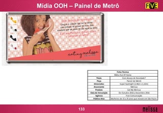 Mídia OOH – Painel de Metrô
133
Título Com desejo de Novidade?
Peça Painel de Metrô
Dimensões Super backlight (2,46m x 1,22m)
Anunciante Melissa
Produto Eat My Melissa
Data de Veiculação De Outubro 2016 a Dezembro 2016
Agência Five Comunicação
Público Alvo Mulheres de 15 a 25 anos que moram em São Paulo.
Ficha Técnica
Mídia Out Of Home
 