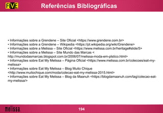 Referências Bibliográficas
194
• Informações sobre a Grendene – Site Oficial <https://www.grendene.com.br>
• Informações sobre a Grendene – Wikipedia <https://pt.wikipedia.org/wiki/Grendene>
• Informações sobre a Melissa – Site Oficial <https://www.melissa.com.br/heritage#slide/5>
• Informações sobre a Melissa – Site Mundo das Marcas <
http://mundodasmarcas.blogspot.com.br/2006/07/melissa-moda-em-plstico.html>
• Informações sobre Eat My Melissa – Página Oficial <https://www.melissa.com.br/colecoes/eat-my-
melissa>
• Informações sobre Eat My Melissa – Blog Muito Chique
<http://www.muitochique.com/moda/colecao-eat-my-melissa-2015.html>
• Informações sobre Eat My Melissa – Blog da Maanuh <https://blogdamaanuh.com/tag/colecao-eat-
my-melissa/>
 