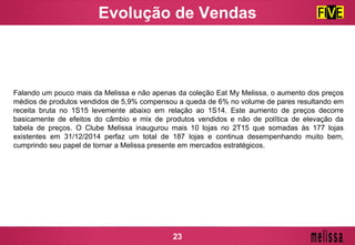Evolução de Vendas
Falando um pouco mais da Melissa e não apenas da coleção Eat My Melissa, o aumento dos preços
médios de produtos vendidos de 5,9% compensou a queda de 6% no volume de pares resultando em
receita bruta no 1S15 levemente abaixo em relação ao 1S14. Este aumento de preços decorre
basicamente de efeitos do câmbio e mix de produtos vendidos e não de política de elevação da
tabela de preços. O Clube Melissa inaugurou mais 10 lojas no 2T15 que somadas às 177 lojas
existentes em 31/12/2014 perfaz um total de 187 lojas e continua desempenhando muito bem,
cumprindo seu papel de tornar a Melissa presente em mercados estratégicos.
23
 