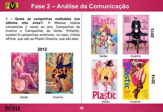 1 – Quais as campanhas realizadas nos
últimos três anos?: A Melissa realiza
campanhas 2 vezes ao ano, Campanhas de
Inverno e Campanhas de Verão. Portanto,
existem 6 campanhas anteriores, no caso, mídias
off-line, que são as Plastic Dreams, que são elas:
Verão Inverno
2012
20132014
Verão Inverno
Verão Inverno
Fase 2 – Análise da Comunicação
38
 