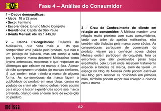 1 – Dados demográficos:
• Idade: 18 a 22 anos
• Sexo: Feminino
• Escolaridade: Ensino Médio Completo
• Residência: Capital de São Paulo
• Renda Mensal: Até R$ 1.449,99
2 – Dados Psicográficos: Tituladas de
Melisseiras, que nada mais é do que
compartilhar uma paixão pelo produto, que não e
um pedaço de plástico, mas um sonho a cada
par. A própria marca descreve Melisseiras como
jovens antenadas, modernas e que respeitam as
diferenças que existem no mundo a fora. Apesar
de não comprarem produtos de marcas similares,
já que sentem estar traindo a marca de alguma
forma. As consumidoras da marca fazem a
publicidade do produto em seus blogs, canais no
youtube ou criam ate mesmo outras redes sociais
para expor e trocar experiências sobre sua marca
preferida, criando uma enorme rede de exposição
do produto.
3 – Grau de Conhecimento do cliente em
relação ao consumidor: A Melissa mantem uma
relação muito próxima com suas consumidoras,
tanto que além do apelido melisseiras, elas
também são tituladas pela marca como sócias. As
consumidoras participam de comerciais do
produto, viajam para conhecer novos clubes
Melissa ondem participam de coquetéis, fora os
encontros que são promovidos pelas lojas
espalhadas pelo Brasil onde recebem tratamento
especial e brindes da marca, além de terem um
espaço no blog da Melissa onde podem escrever
seu blog para receber as novidades em primeira
mão, também podem expor sua coleção e historia
com a marca.
Fase 4 – Análise do Consumidor
62
 