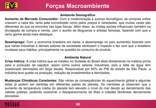 Forças Macroambiente
Ambiente Demográfico
Aumento de Mercado Consumidor: Com a modernização e avanço tecnológico, as compras online
crescem a cada dia, tanto pela comodidade como pelos preços e variedades, que muitas vezes são
diferentes do que se encontra nas lojas físicas. Além disso, as mídias sociais influenciam também na
divulgação de compra e venda, com o auxílio de blogueiras e artistas famosas, fazendo com que o
ramo ganhe ainda mais destaque.
Desemprego: Com a economia brasileira em baixa, o desemprego no país aumentou fazendo com
que várias indústrias e demais setores da sociedade sentissem o impacto e fez com que o brasileiro
mudasse seus hábitos, principalmente na questão do consumo do produto.
Ambiente Natural
Crise hídrica: A crise hídrica que se instalou no Sudeste do Brasil afeta diretamente na matéria prima
para a produção de sapatos, assim como outros setores industriais, pois a falta de água tem
ocasionado demissões em larga escala. Responsável por 60% do PIB do estado de São Paulo, a
indústria teve queda na produção, redução de investimentos e demissões.
Mudanças Climáticas Constantes: São várias as consequências do aquecimento global e algumas
delas já podem ser sentidas em diferentes partes do planeta. Os cientistas já observam que o
aumento da temperatura média do planeta tem elevado o nível do mar devido ao derretimento das
calotas polares, podendo ocasionar o desaparecimento de ilhas e cidades litorâneas densamente
povoadas.
66
 