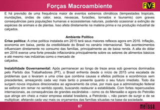 E há previsão de uma frequência maior de eventos extremos climáticos (tempestades tropicais,
inundações, ondas de calor, seca, nevascas, furacões, tornados e tsunamis) com graves
consequências para populações humanas e ecossistemas naturais, podendo ocasionar a extinção de
espécies de animais e de plantas. Isso afeta diretamente na matéria prima e na produção industrial de
calçados.
Ambiente Político
Crise política: A crise política instalada em 2015 terá seus maiores reflexos agora em 2016. Inflação,
economia em baixa, perda da credibilidade do Brasil no cenário internacional. Tais acontecimentos
influenciam diretamente no consumo das famílias, principalmente as de baixa renda. A alta do dólar
em 2016 exerce uma forte pressão inflacionária principalmente sobre os setores de alimentos básicos
e até mesmo nas indústrias como o mercado de
calçados.
Instabilidade Governamental: Após permanecer ao longo de treze anos sob governos dominados
pelo Partido dos Trabalhadores (PT), o Brasil enfrenta desde o início de 2015 uma escalada de
problemas que o levaram a uma crise que combina causas e efeitos políticos e econômicos sem
precedentes, ameaçando cada vez mais tanto o presente quanto o seu futuro imediato. Todo dia
surgem novos impulsos direcionados ao agravamento da crise, por mais que a administração federal
se esforce em remar no sentido oposto, buscando restaurar a estabilidade. Com fortes repercussões
internacionais, as consequências de grandes escândalos - como os do Mensalão e agora do Petrolão
que atinge em cheio a maior empresa estatal brasileira, a Petrobrás -, não param de surgir e de se
multiplicar, afetando cada vez mais os orçamentos das famílias situadas na base da sociedade.
Forças Macroambiente
67
 