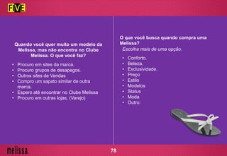 Quando você quer muito um modelo da
Melissa, mas não encontra no Clube
Melissa. O que você faz?
• Procuro em sites da marca.
• Procuro grupos de desapegos.
• Outros sites de Vendas
• Compro um sapato similar de outra
marca.
• Espero até encontrar no Clube Melissa
• Procuro em outras lojas. (Varejo)
O que você busca quando compra uma
Melissa?
Escolha mais de uma opção.
• Conforto.
• Beleza.
• Exclusividade.
• Preço
• Estilo
• Modelos
• Status
• Moda
• Outro:
78
 