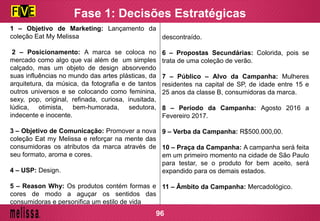1 – Objetivo de Marketing: Lançamento da
coleção Eat My Melissa
2 – Posicionamento: A marca se coloca no
mercado como algo que vai além de um simples
calçado, mas um objeto de design absorvendo
suas influências no mundo das artes plásticas, da
arquitetura, da música, da fotografia e de tantos
outros universos e se colocando como feminina,
sexy, pop, original, refinada, curiosa, inusitada,
lúdica, otimista, bem-humorada, sedutora,
indecente e inocente.
3 – Objetivo de Comunicação: Promover a nova
coleção Eat my Melissa e reforçar na mente das
consumidoras os atributos da marca através de
seu formato, aroma e cores.
4 – USP: Design.
5 – Reason Why: Os produtos contém formas e
cores de modo a aguçar os sentidos das
consumidoras e personifica um estilo de vida
Fase 1: Decisões Estratégicas
descontraído.
6 – Propostas Secundárias: Colorida, pois se
trata de uma coleção de verão.
7 – Público – Alvo da Campanha: Mulheres
residentes na capital de SP, de idade entre 15 e
25 anos da classe B, consumidoras da marca.
8 – Período da Campanha: Agosto 2016 a
Fevereiro 2017.
9 – Verba da Campanha: R$500.000,00.
10 – Praça da Campanha: A campanha será feita
em um primeiro momento na cidade de São Paulo
para testar, se o produto for bem aceito, será
expandido para os demais estados.
11 – Âmbito da Campanha: Mercadológico.
96
 