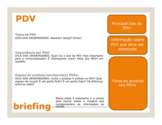 briefing complementem as informações do
Principal tipo de
Informação sobre
espaço ele ocupa? É um ponto forte? É um ponto fraco? Há diferença Fotos do produto
PDV
PDV
Tipos de PDV
DICA DOS ORIENTADORES: Atacado? Varejo? Direto?
PDV que deve ser
destacada
Importância por PDV:
DICA DOS ORIENTADORES: Qual (is) o tipo de PDV mais importante
para a comercialização? É interessante inserir fotos dos PDV’s em
questão.
Espaço do produto/serviço no(s) PDVs:
DICA DOS ORIENTADORES: Como o produto é exibido no PDV? Qual
entre as redes?
nos PDVs
Nessa etapa é importante ir a campo
para buscar dados e imagens que
cliente.
 