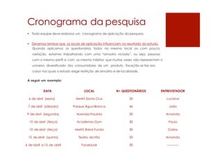 Cronograma da pesquisa
 Toda equipe deve elaborar um cronograma de aplicação da pesquisa.
 Devemos lembar que os locais de aplicação influenciam no resultado do estudo.
Quando aplicamos os questionários todos no mesmo local ou com pouca
variação, estamos trabalhando com uma “amostra viciada”, ou seja, pessoas
com o mesmo perfil e com os mesmo hábitos que muitas vezes não representam o
universo diversificado dos consumidores de um produto. Exceção se faz aos
casos nos quais o estudo exige restrição de amostra e de localidade.
A seguir um exemplo:
DATA LOCAL N• QUESTIONÁRIOS ENTREVISTADOR
6 de abril (sexta) Metrô Santa Cruz 30 Luciana
7 de abril (sábado) Parque Água Branca 46 João
9 de abril (segunda) Avenida Paulista 30 Amanda
10 de abril (terça) Academia Gym 30 Paulo
10 de abril (terça) Metrô Barra Funda 30 Carlos
12 de abril (quinta) Teatro da Vila 20 Amanda
6 de abril a 15 de abril Facebook 30 -----------
 