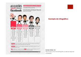 Exemplo de Infográfico
Exemplo retirado de:
http://youpix.com.br/viral-2/infografico-as-eleicoes-segundo-
o-facebook/
 