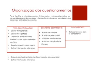 Organização dos questionamentos
Para facilitar a visualização das infor mações necessárias sobre os
consumidores organizamos essas informações
podem ser aplicadas na pesquisa.
em áreas de abordagem que
• Grau de conhecimentodo cliente em relação ao consumidor
• Outras informações relevantes
PERFIL DO CONSUMIDOR
• Dados demográficos
• Dados Psicográficos
• Diferenças entre decisores,
influenciadores, compradores e
usuários
• Relacionamento coma marca
• Outras informações relevantes
COMPOSTO DE MARKETING
• Razões de compra
• Razões de não compra
• Hábitos e formas de uso
• Volume e Frequência de
Compra
CONCORRENTES
• Relacionamento com
os concorrentes
 